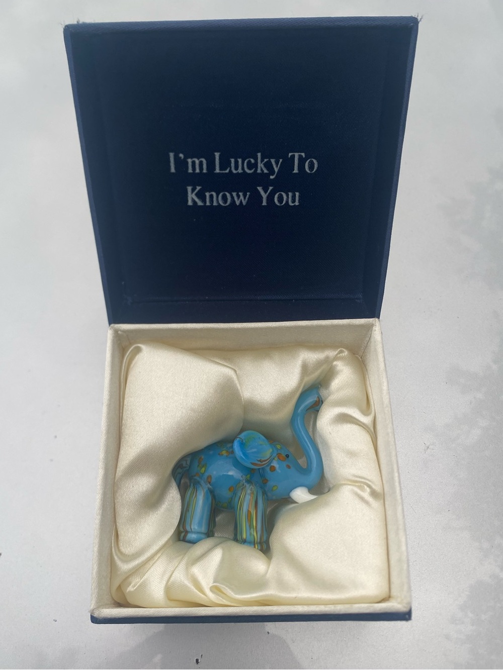Boxed Art Glass Elephant Figurine Hand Blown Blue Print 3"